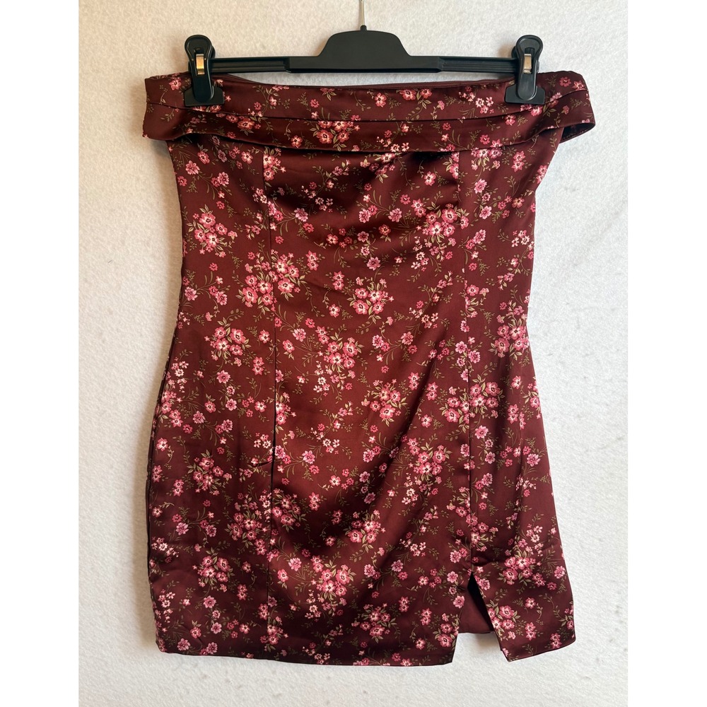 Altar'd State Floral Satin Off Shoulder Sleeveless Mini Dress Burgundy Womens M